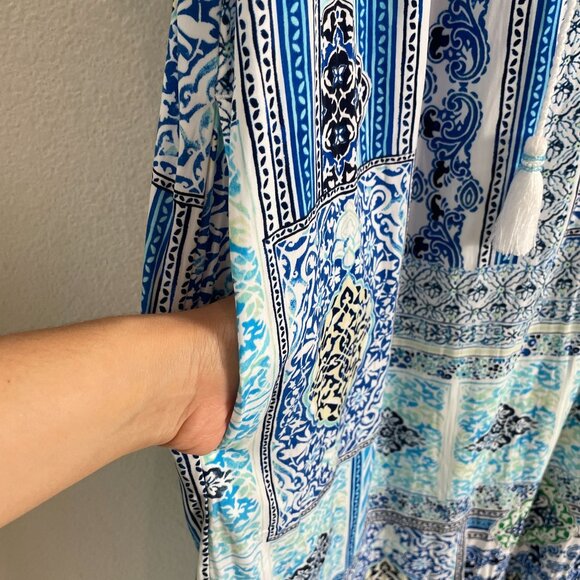 Chicos Womens Large Blue White Maxi Dress Sleeveless Boho Patchwork Tassel Tie - Picture 9 of 14